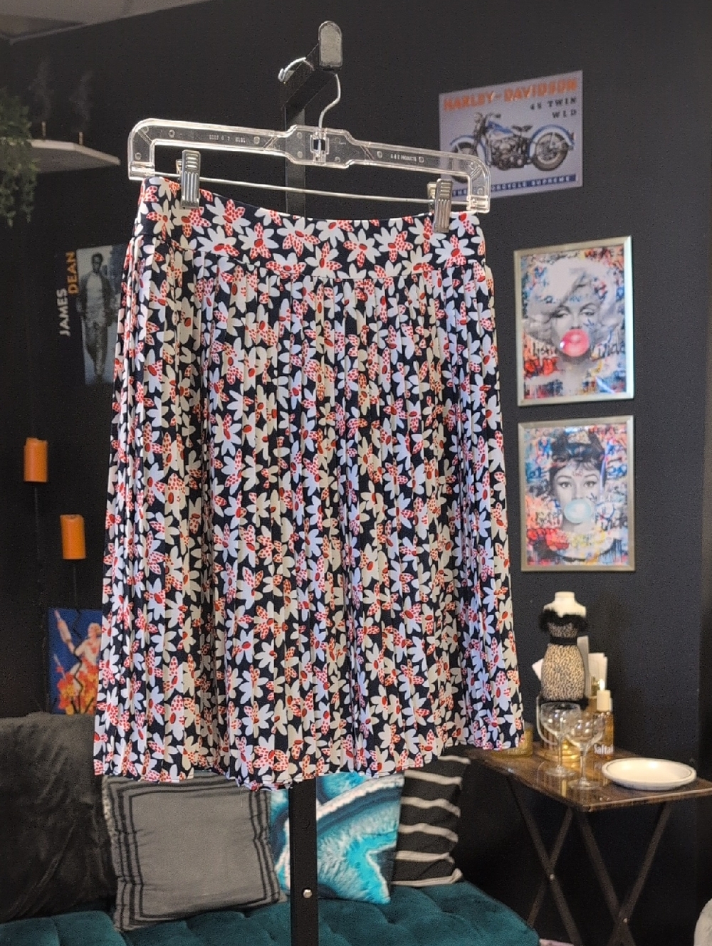 J. Crew Navy Circle Skirt with Pink and White Floral Print